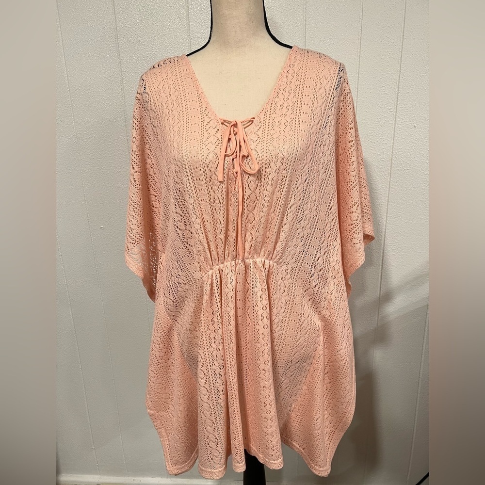 Loveriche Size Medium peach rose Coral Pointelle Knit Swim Cover Lace up tunic